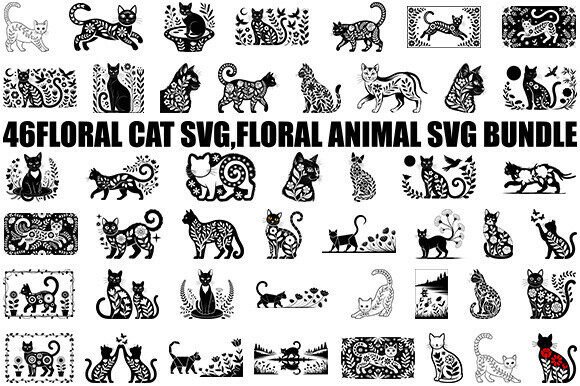 46Floral Cat SVG, Floral Animal Svgbundle