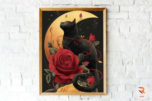 Beautiful Rose and Black Cat Wall Art