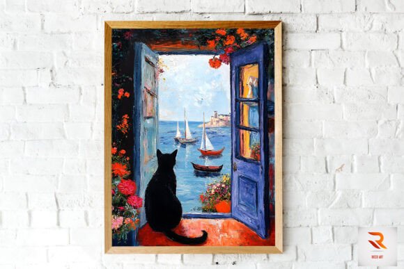 Black Cat Loves the Sea Oil Painting Art