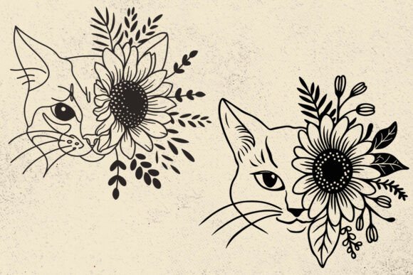 Cat with Daisy and Leaves SVG File