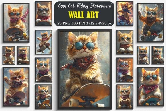 Cool Cat Riding Skateboard Wall Art Bundle