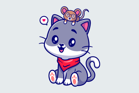 Cute Cat Playing with Mouse Cartoon