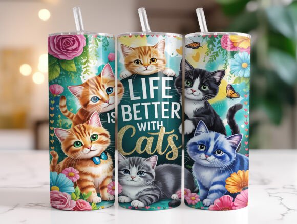 Floral Cat 20oz Skinny Tumbler Wrap PNG