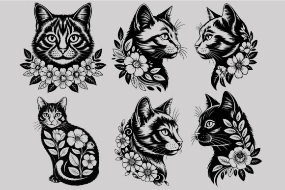 Floral Cat SVG Bundle: Line Art for Embroidery
