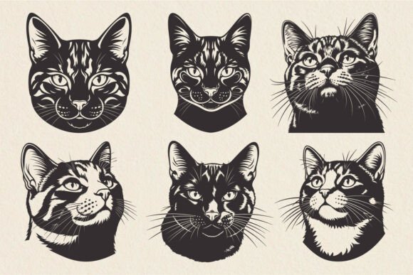 Vintage Tabby Cat Face SVG Line Art PNG